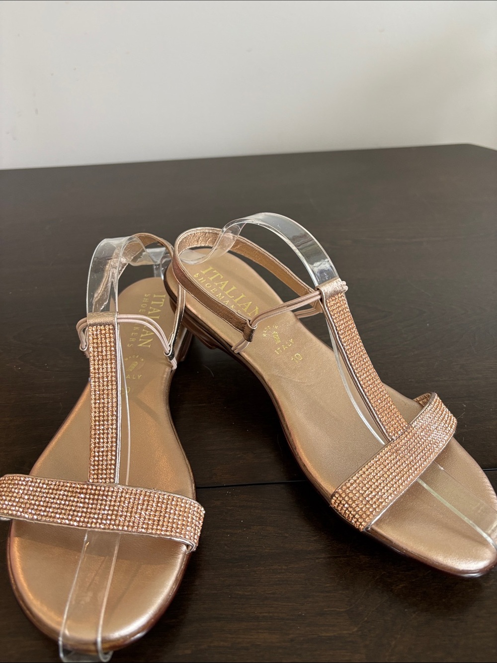 Italian Shoemakers Rose Gold Crystal T-Strap Sandals Size 10